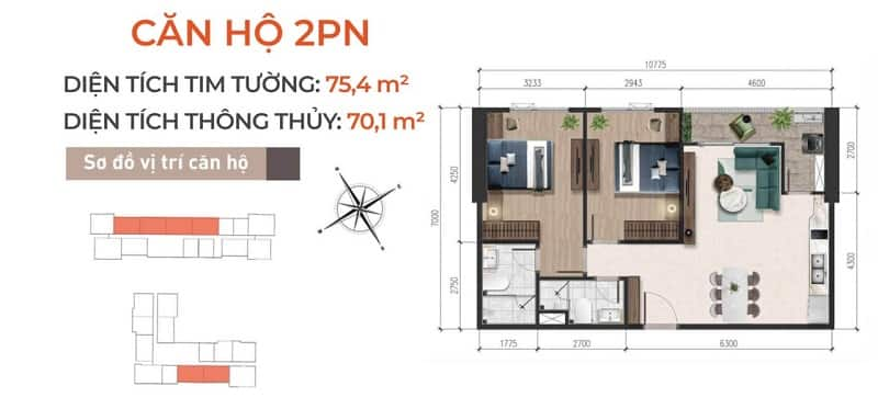 Layout căn hộ 2 phòng ngủ at sky garden